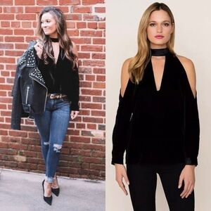 Yumi Kim Black Velvet Cold Shoulder Keyhole Blouse Size Small